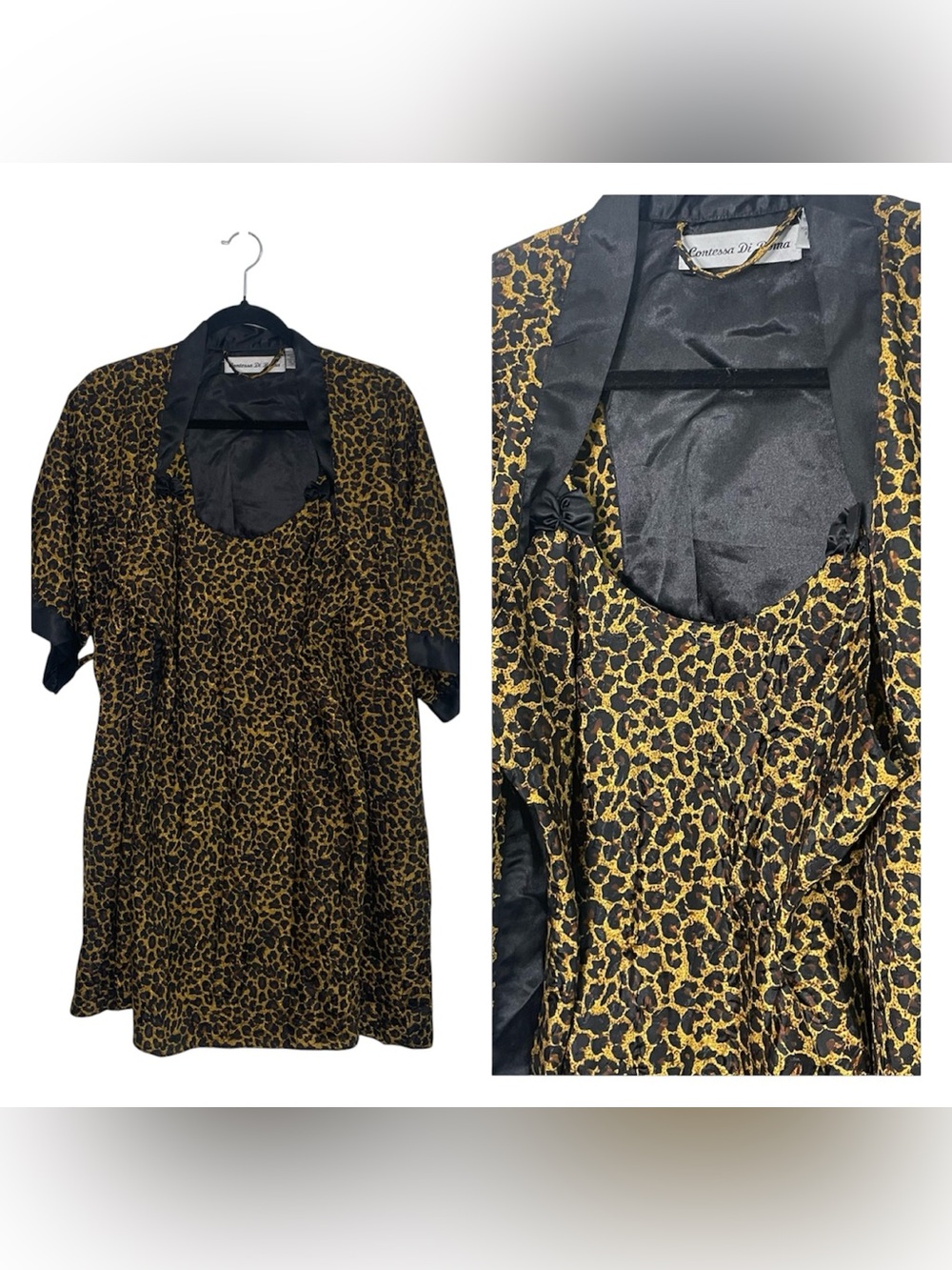 Contessa Di Roma Vintage Cheetah Print Bow Accent Slip & Robe Nightie Combo S